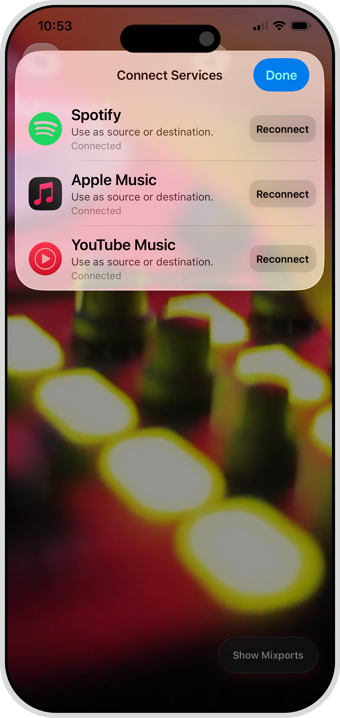 Mixport service connection screenshot